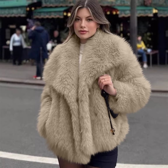 Fur Coats for Women Lapel Open Front Long Sleeve Warm Fluffy Short Faux Fur Outwear