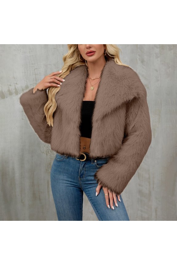 Fur Coats for Women Short Warm Fluffy Long Sleeve Lapel Open Front Faux Fur Jacket