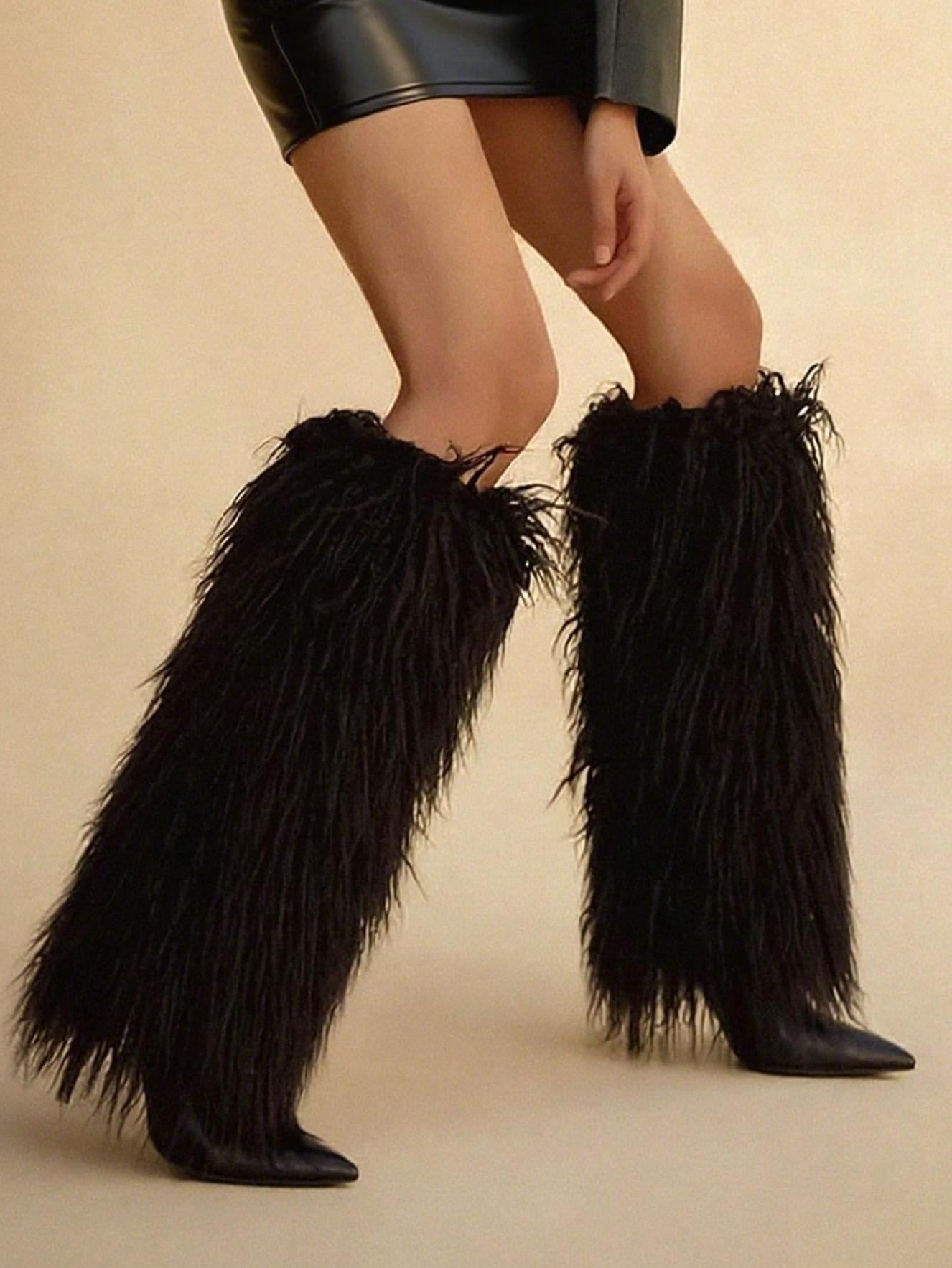 Fur Knee-High Stiletto Heeled Women's Furry Wide Calf Pointed Toe Long ...