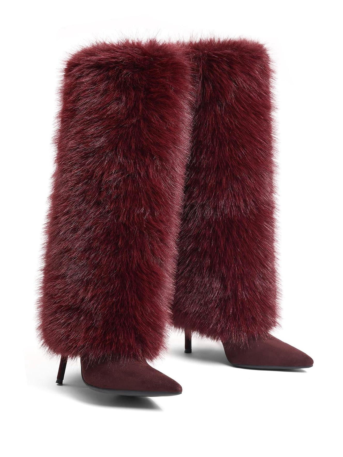 "Fur Knee High Women's Stiletto Heeled Boots with Wide Calf Pointed Toe ...