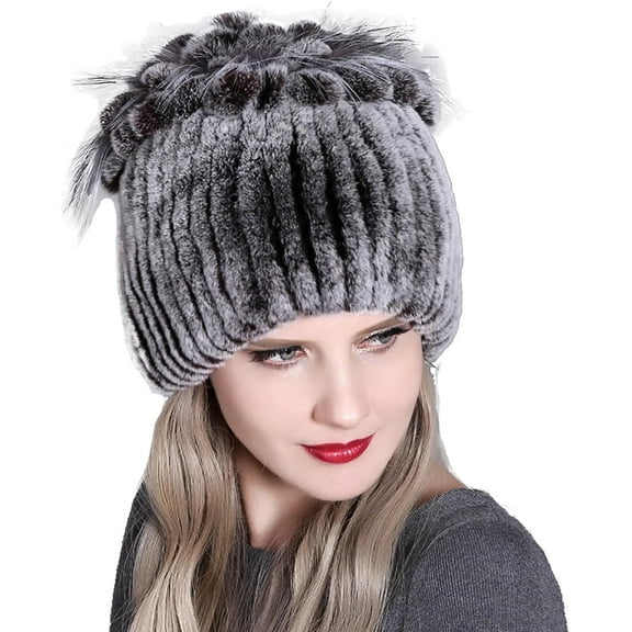Fur Knitted Hat for Women Flower Shape Elastic Beanie Warm Cap