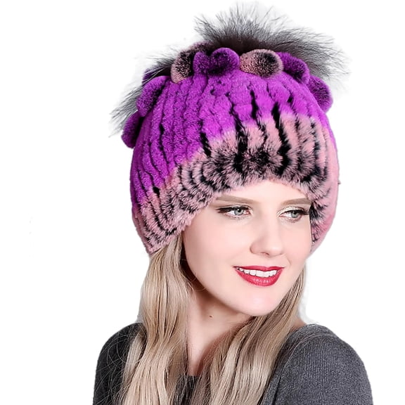 Fur Knitted Hat for Women Flower Shape Elastic Beanie Warm Cap