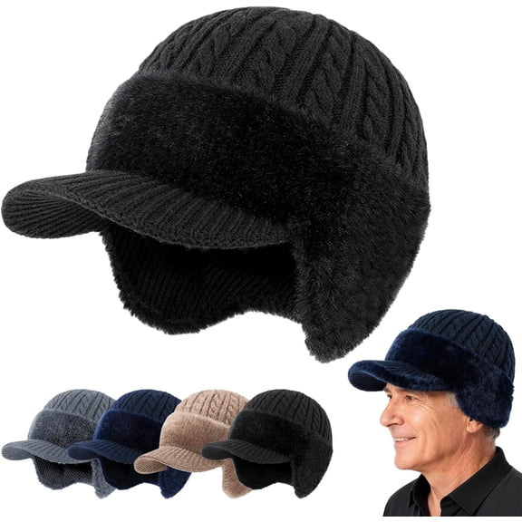 Fur-Lined Warm Stylish Baseball Beanie, Blocking Knitted Hats with Ear Flaps and Wool Brim, Comfortable and Warm for Men