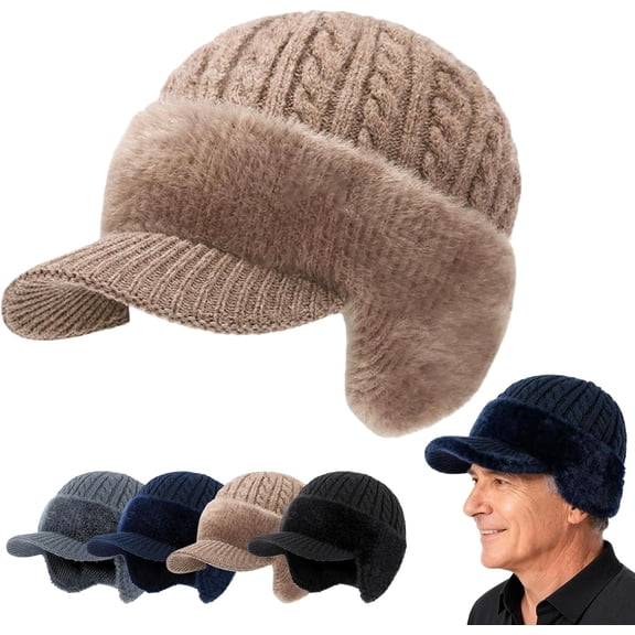 Fur-Lined Warm Stylish Baseball Beanie, Blocking Knitted Hats with Ear Flaps and Wool Brim, Comfortable and Warm for Men