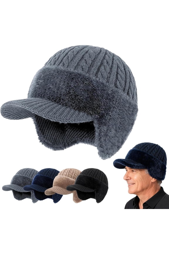 Fur-Lined Warm Stylish Baseball Beanie, Blocking Knitted Hats with Ear Flaps and Wool Brim, Comfortable and Warm for Men