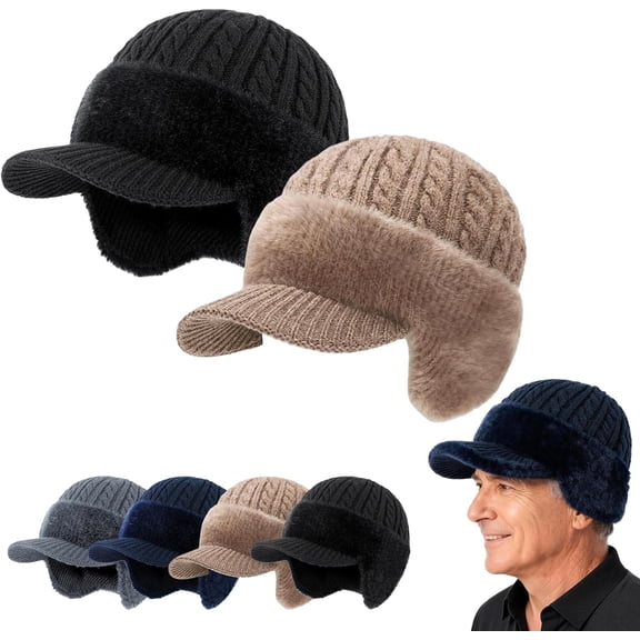 Fur-Lined Warm Stylish Baseball Beanie, Blocking Knitted Hats with Ear Flaps and Wool Brim, Comfortable and Warm for Men
