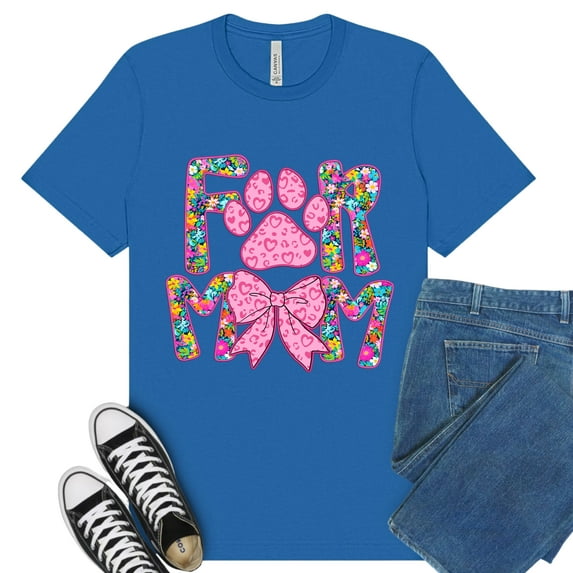 Fur Mom T-Shirt – Cute Colorful Pet Paw and Bow Graphic Premium Tee for Women, ColumbiaBlue, 3XL
