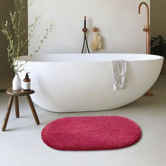 Fur Oval Bath Mat, Soft Shaggy Plush Non-Slip Highly Absorbent Quick Dry Machine Washable Bathroom Rug for Shower Tub Bedroom Entryway Living Room Home Decor, 36x24, Red