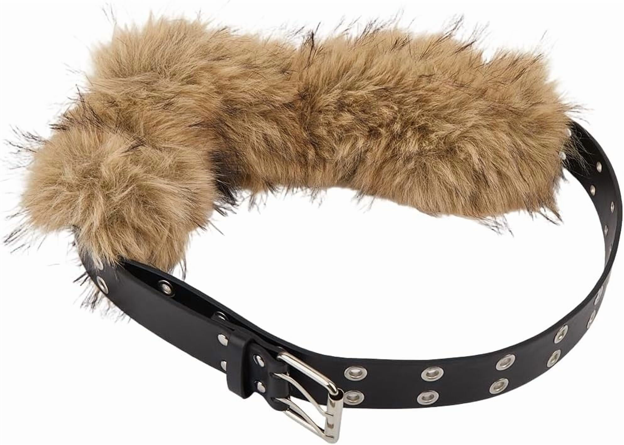 Fur PU Leather Waist Belt Brown Fluffy Winter Warm Waistband  display picture 1