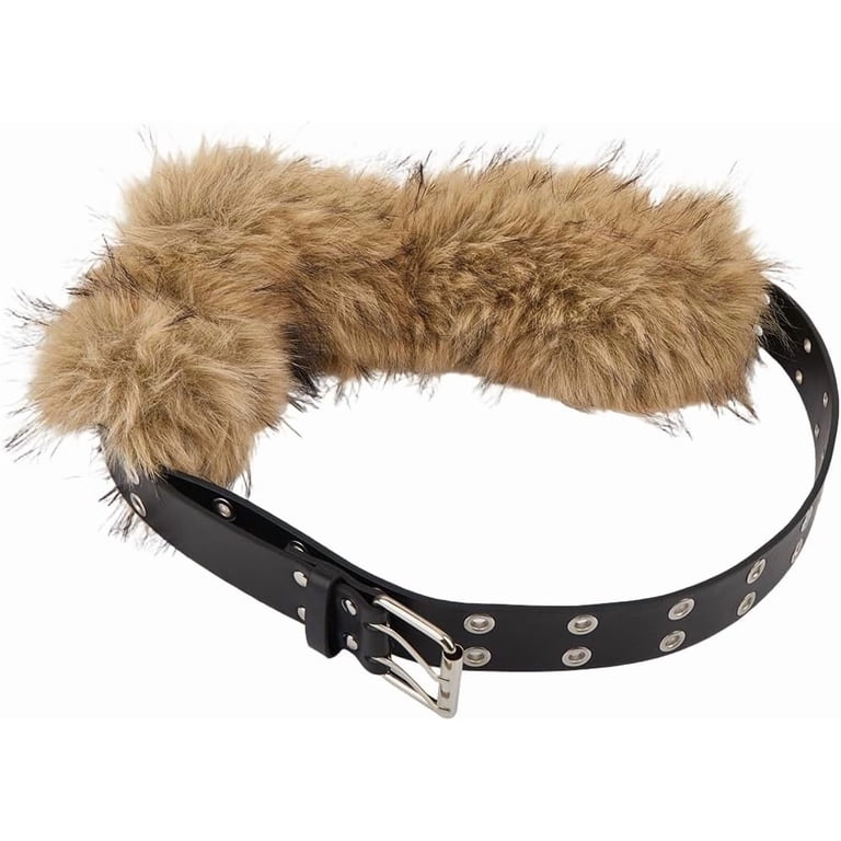 Fur PU Leather Waist Belt Brown Fluffy Winter Warm Waistband 