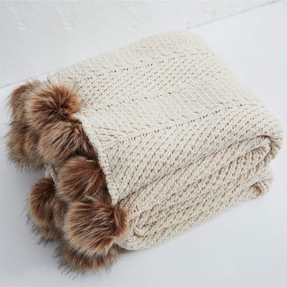 Fur Pom Pom Knit Throw Blanket Super Soft Warm Cozy Cable Knitted Blanket for Sofa and Couch 51 x 63 Inch Beige Apricot