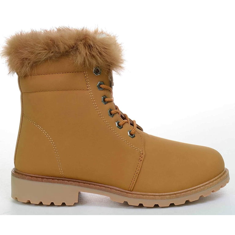 Brown Shearling-Trim Lug Sole Boots with Yellow Laces Amazon.com | Ankle Boots for Women Warm Furry Lined Lace Up  main image 3