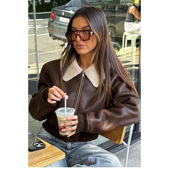 Fur Trim Collar Zipper Bomber Jacket (L, Brown)