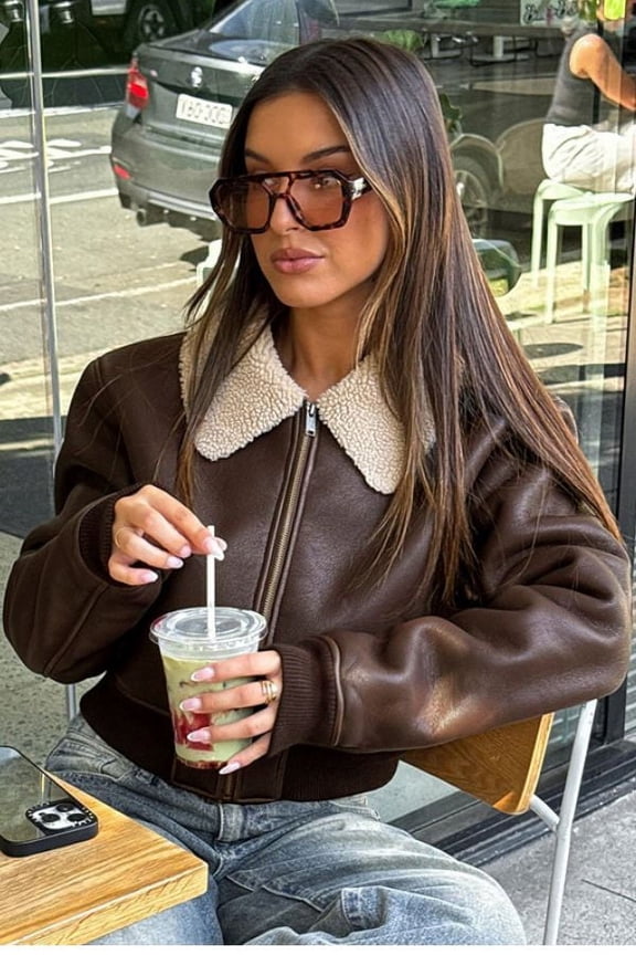 Fur Trim Collar Zipper Bomber Jacket (L, Brown)