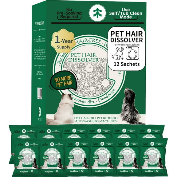 FurGone Pet Hair Dissolver for Washing Machine, 96.7% Hair Dissolution, Dog Cat Hair | Stain Remover for Laundry, Gentle Dissolving Formula, Pets Friendly, 12 Sachets, HE/Top/Front-Load Compatible