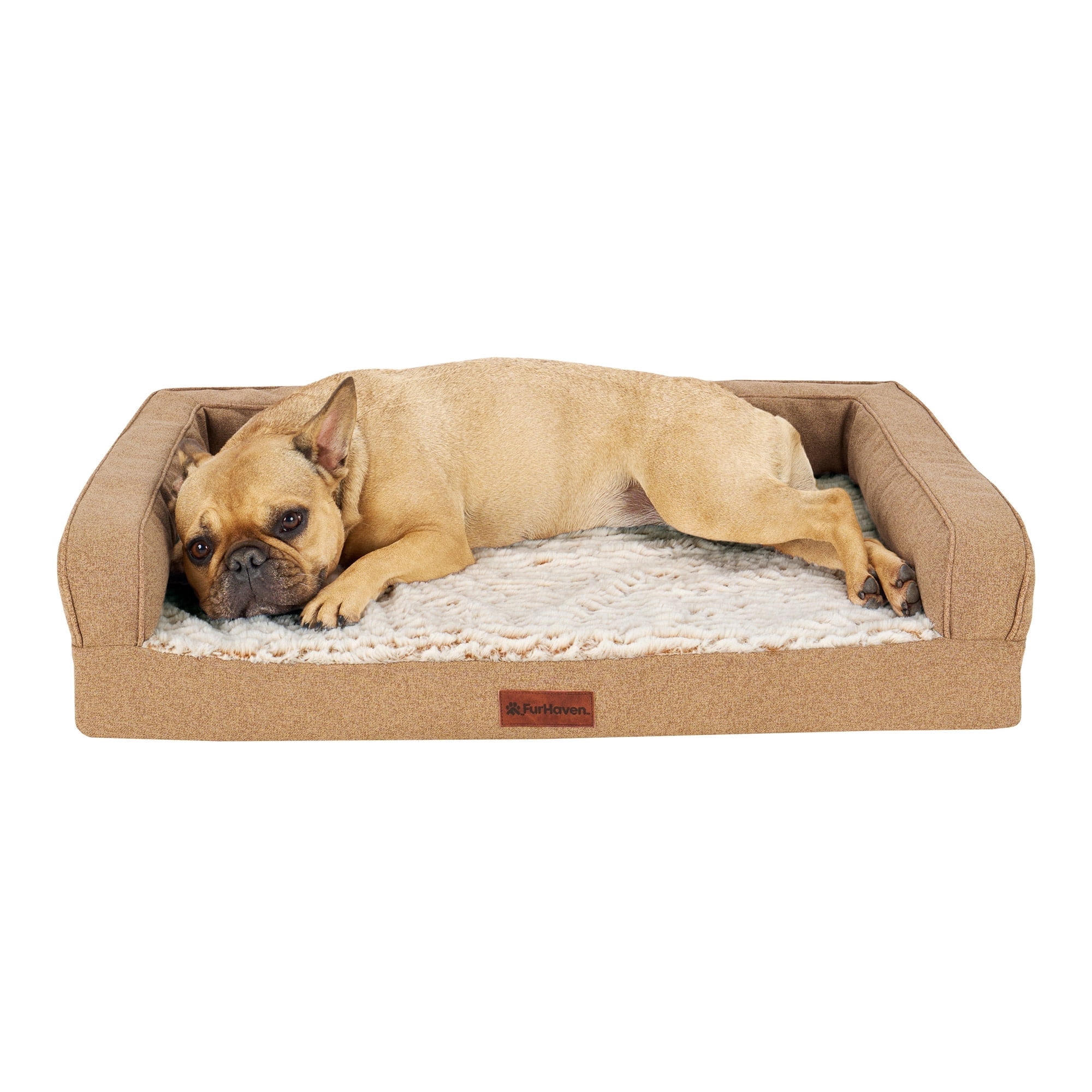 FurHaven Birch Faux Fur & Soft Faux Linen Modern Orthopedic Sofa Pet Bed, Nutmeg, Medium