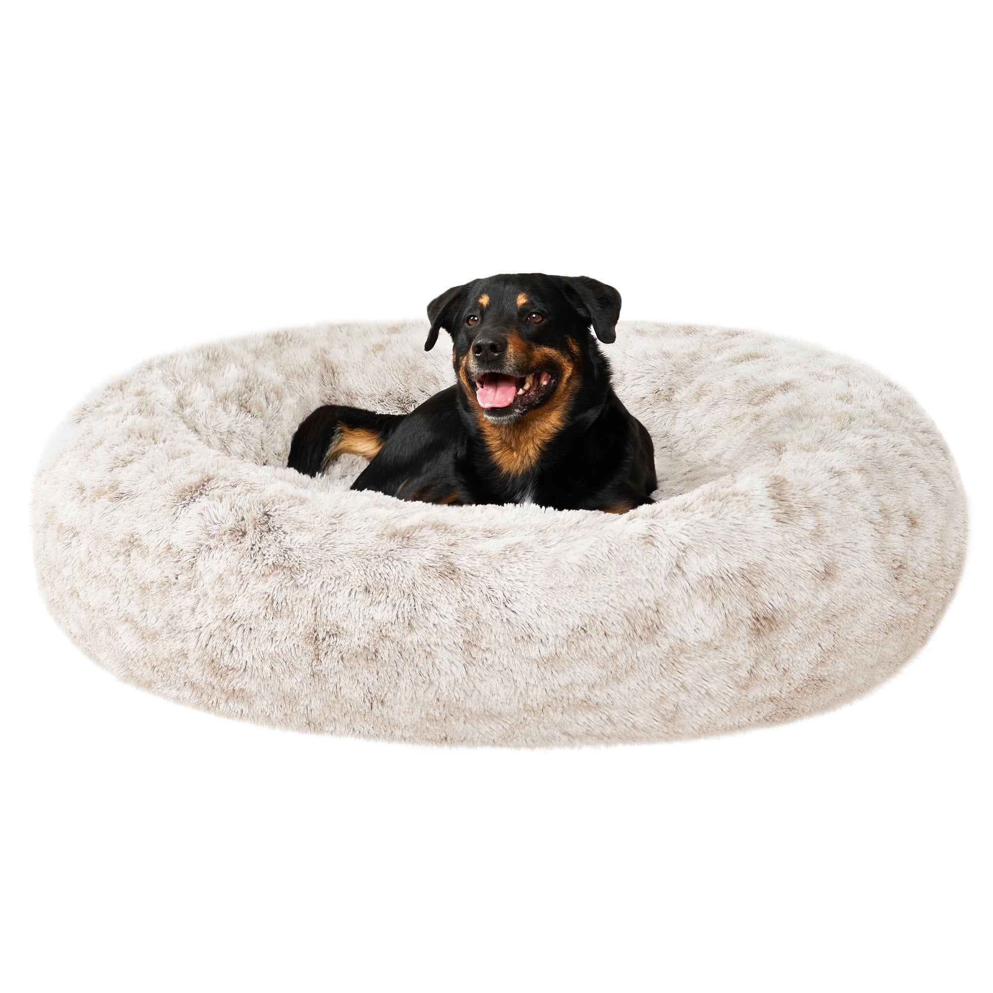 Furhaven 45" Round Calming Donut Dog Bed with Washable & Removable Cover & Bolster - Shaggy Plush Long Faux Fur Ball Bed - Driftwood, For Dogs Up to 90 lbs, Jumbo/XL