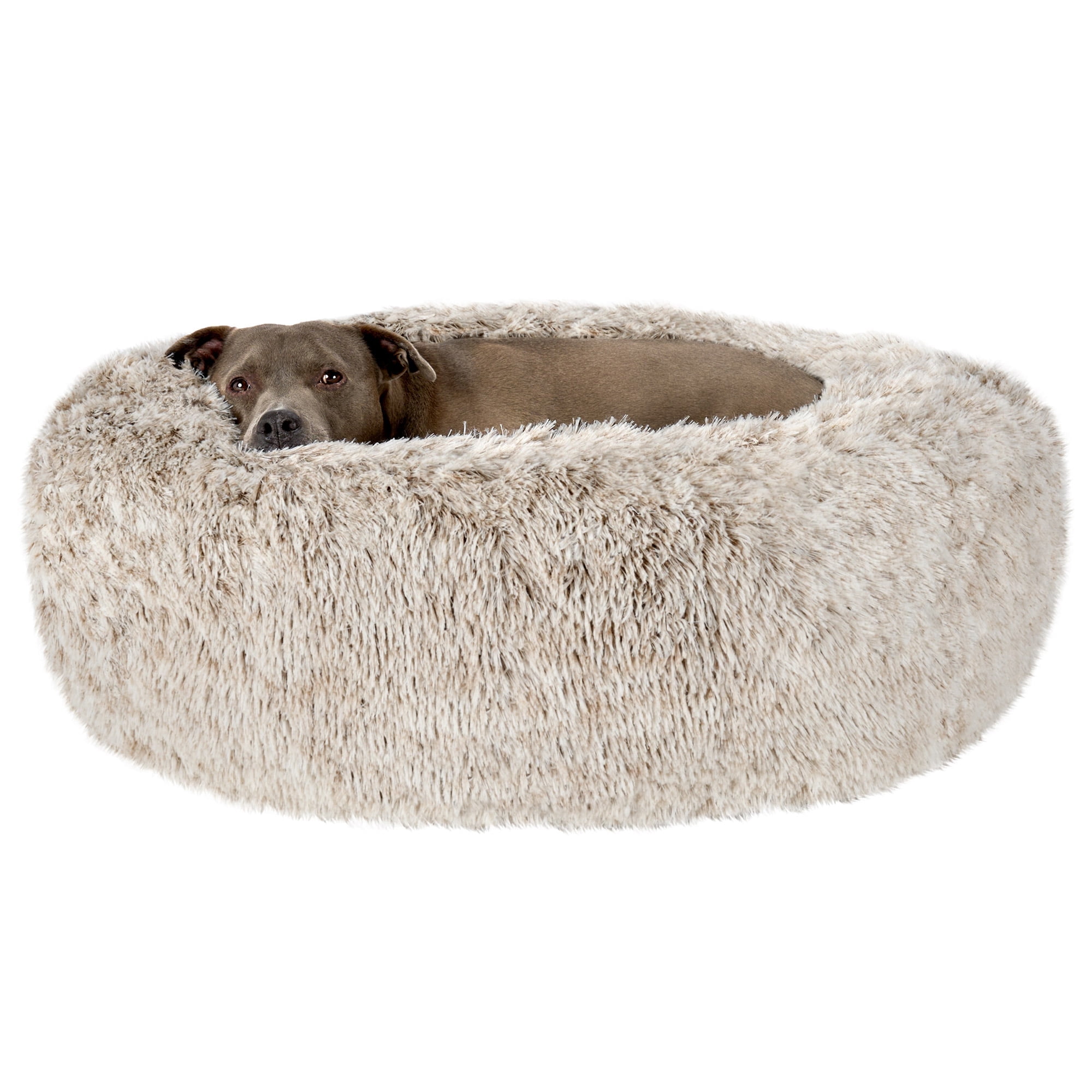 Furhaven 36" Round Calming Donut Dog Bed with Washable & Removable Cover & Bolster - Shaggy Plush Long Faux Fur Ball Bed - Driftwood, For Dogs Up to 75 lbs, Large