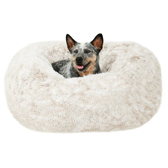 Furhaven 30" Round Calming Donut Dog Bed with Washable & Removable Cover & Bolster - Shaggy Plush Long Faux Fur Ball Bed - Driftwood, For Dogs Up to 45 lbs, Medium