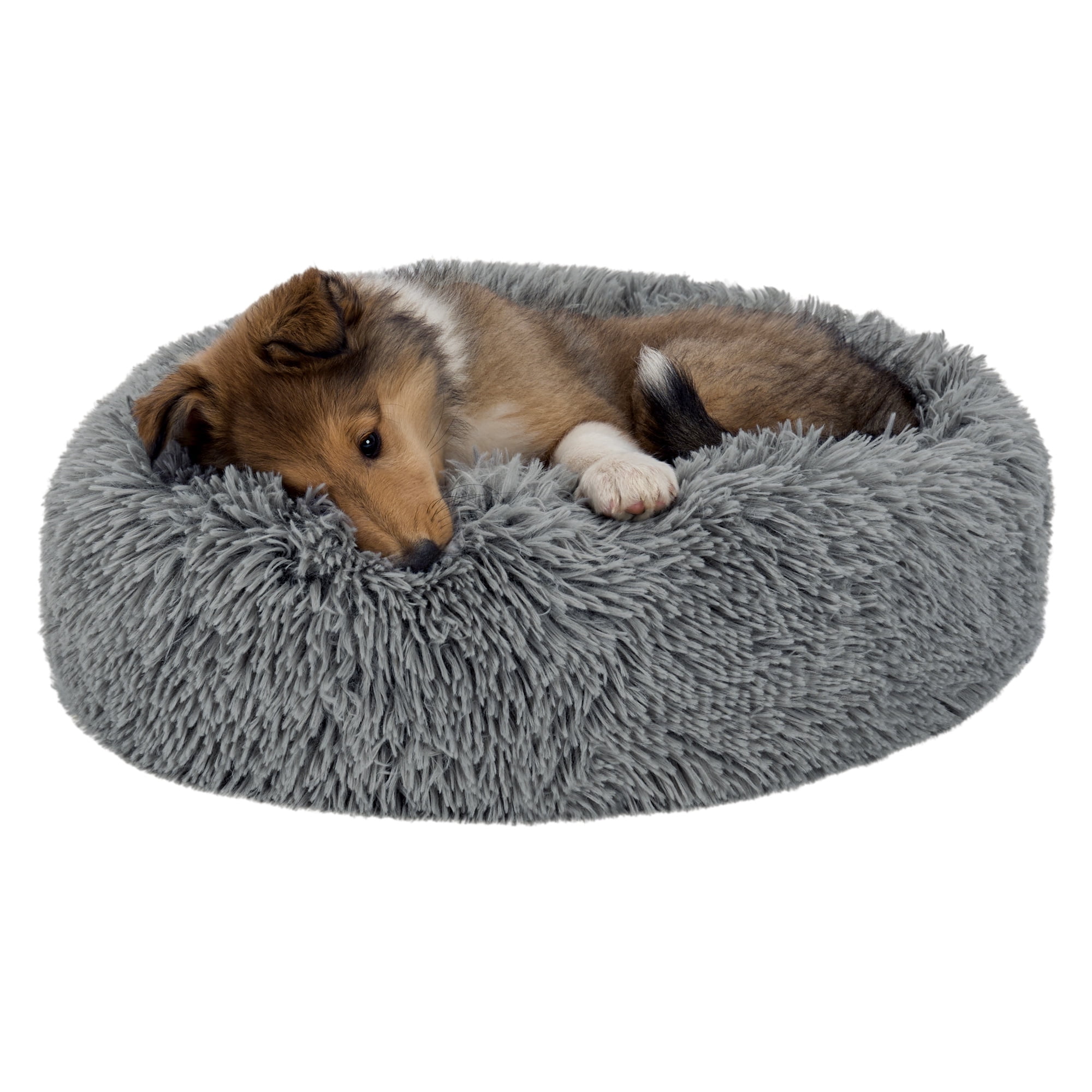 Furhaven 20" Round Calming Donut Dog Bed with Washable & Removable Cover & Bolster - Shaggy Plush Long Faux Fur Ball Bed - Mist Gray, For Dogs Up to 15 lbs, Extra Small