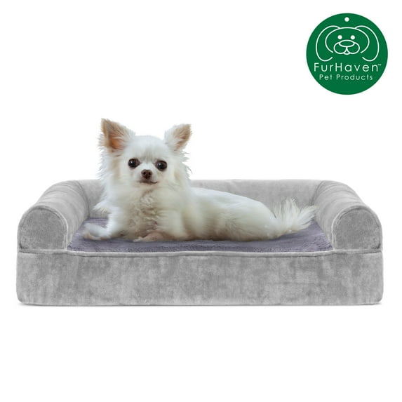 FurHaven | Cooling Gel Faux Fur & Velvet Sofa Pet Bed for Dogs & Cats, Smoke Gray, Small