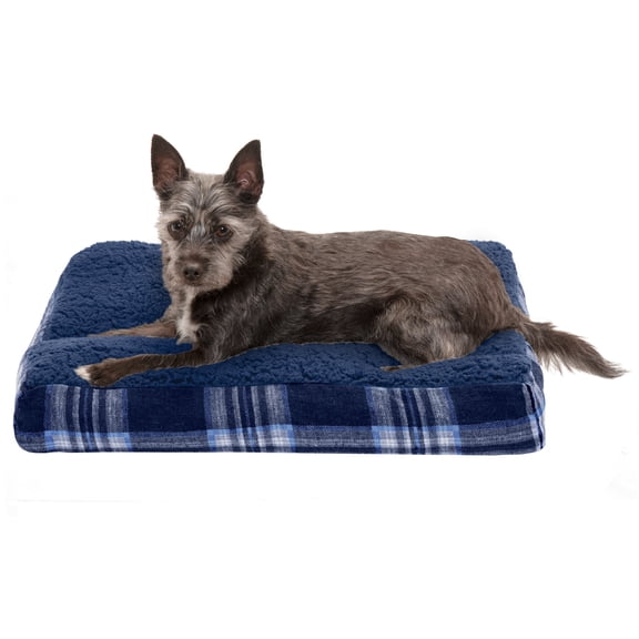 FurHaven | Deluxe Faux Sheepskin & Plaid Pillow Pet Bed for Dogs & Cats, Midnight Blue, Small
