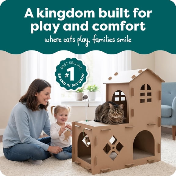 FurHaven Farmhouse Multi-Level Cardboard Cat House for Indoor Cats with Catnip & Toys, Double-Walled Corrugated Scratcher Designed for Lounging, Play & Comfort, One Size, Cardboard, Brown