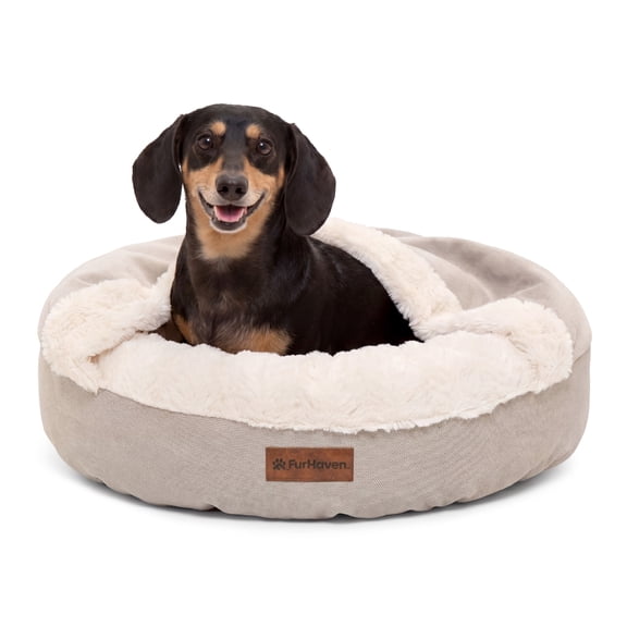 FurHaven Hooded Donut Calming Pet Bed for Small Dogs & Cats, 22" x 22" x 7", Taupe