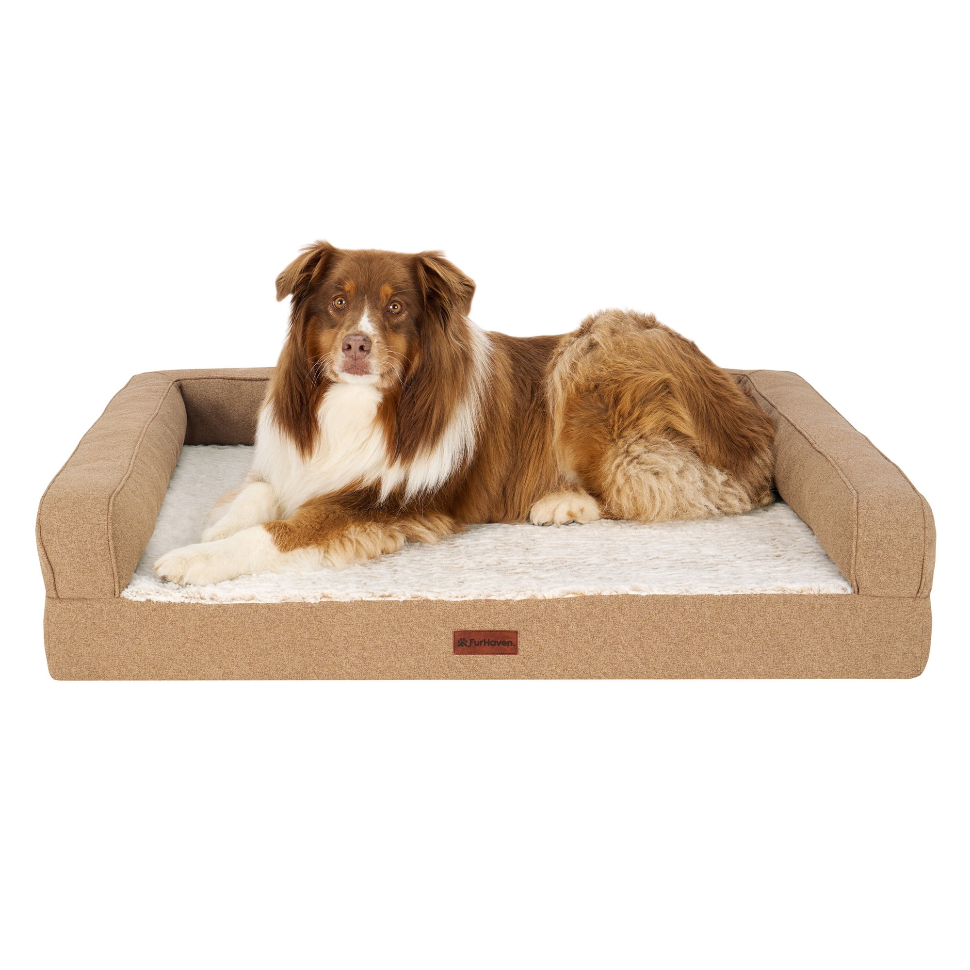 FurHaven Jumbo (32"x40") Orthopedic Dog Bed – Birch Faux Fur & Soft Faux Linen Modern Sofa Pet Bed, CertiPUR-US Foam, Removable Washable Cover, Nutmeg