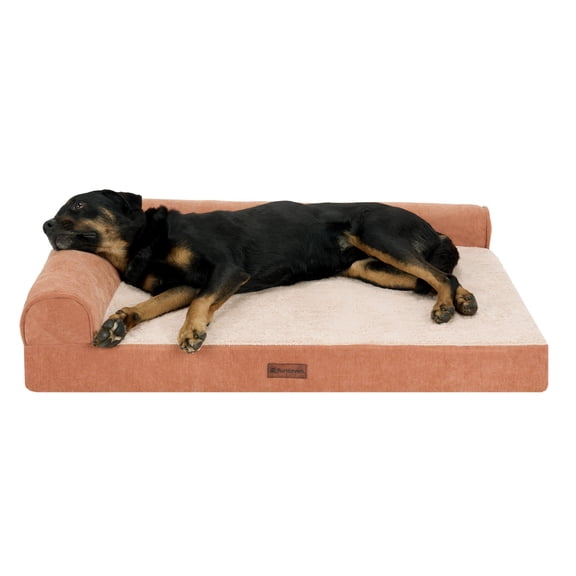 FurHaven Jumbo (40"x32") Cooling Gel Dog Bed  Plush & Grid Cord L-Shaped Chaise Lounge Pet Bed, Removable Washable Cover, Copper