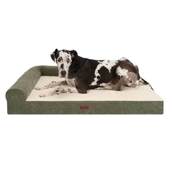 FurHaven Jumbo Plus (53"x40") Cooling Gel Dog Bed  Plush & Grid Cord L-Shaped Chaise Lounge Pet Bed, Removable Washable Cover, Olive