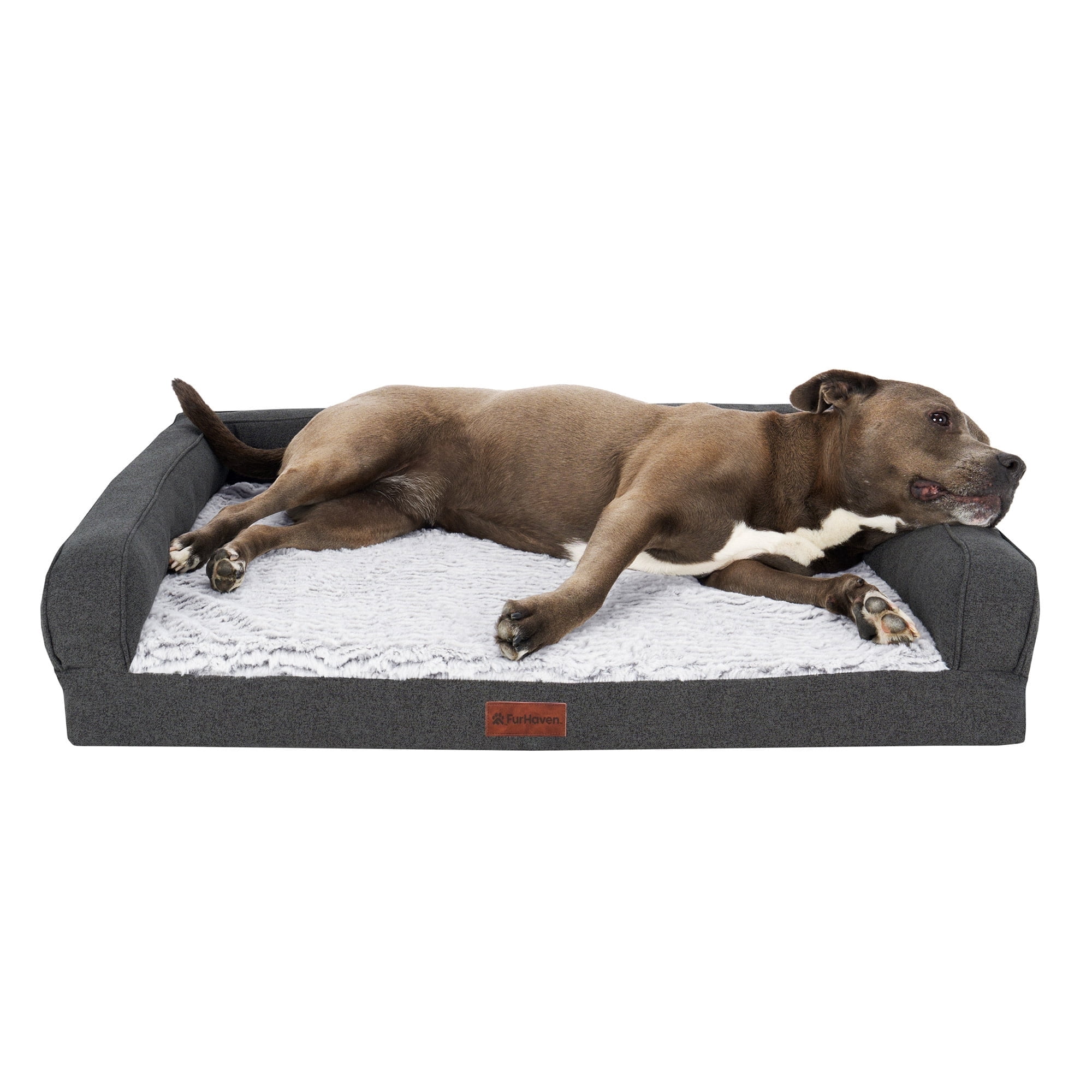 FurHaven Large (27"x36") Cooling Gel Dog Bed – Birch Faux Fur & Soft Faux Linen Modern Sofa Pet Bed, Orthopedic Foam, Removable Washable Cover, Charcoal