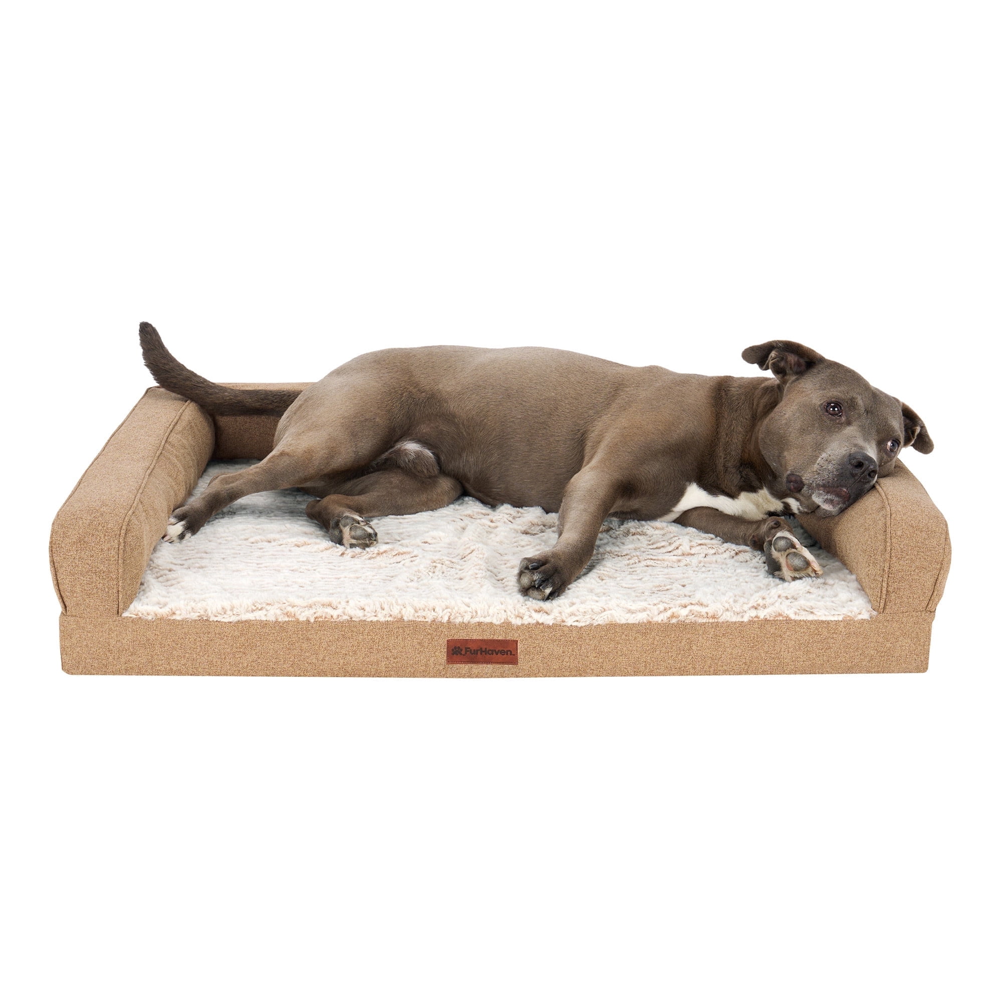 FurHaven Large (27"x36") Cooling Gel Dog Bed – Birch Faux Fur & Soft Faux Linen Modern Sofa Pet Bed, Orthopedic Foam, Removable Washable Cover, Nutmeg