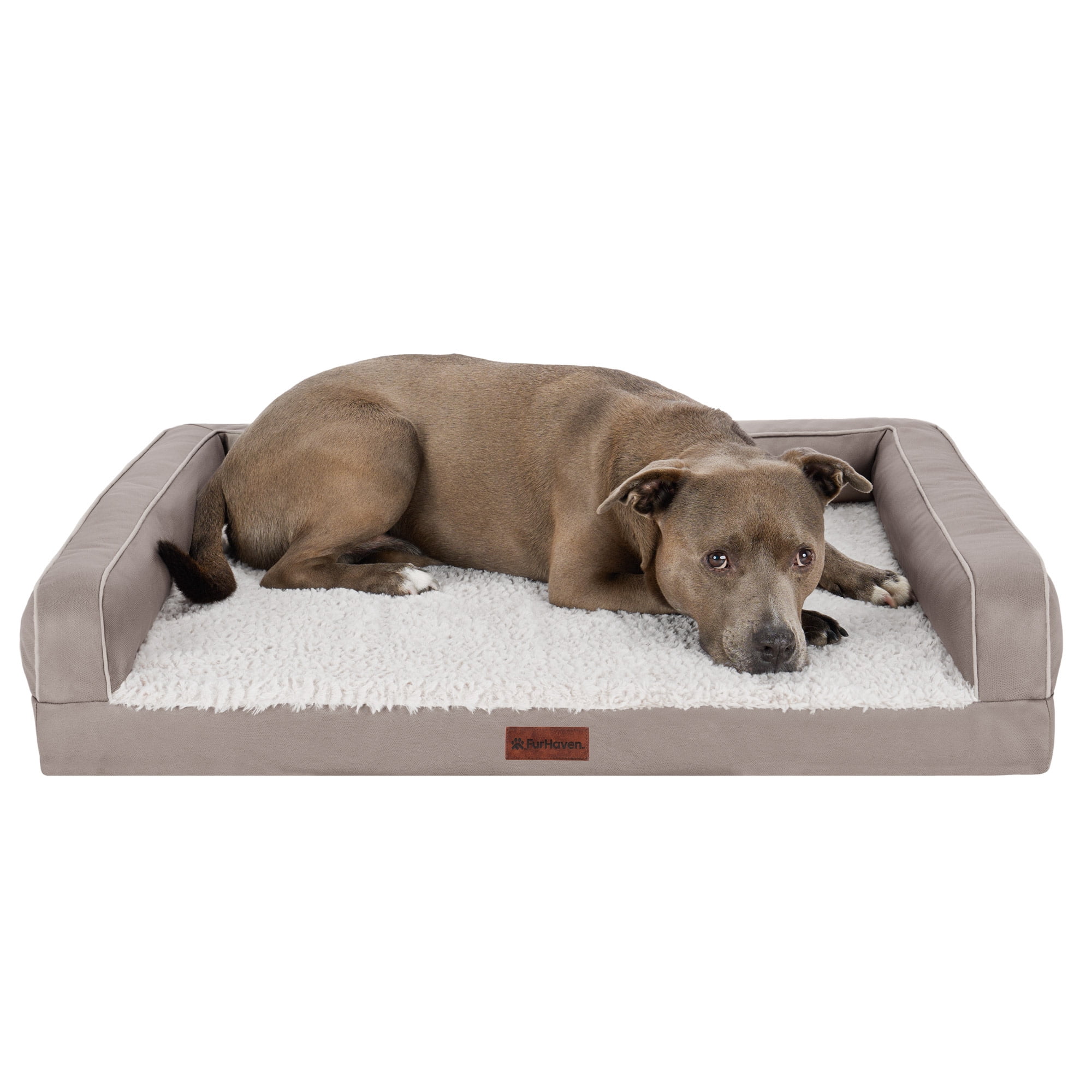 FurHaven Large (27"x36") Orthopedic Dog Bed – Textured Plush & Coated Poly Modern Sofa Pet Bed, CertiPUR-US Foam, Removable Washable Cover, Greige