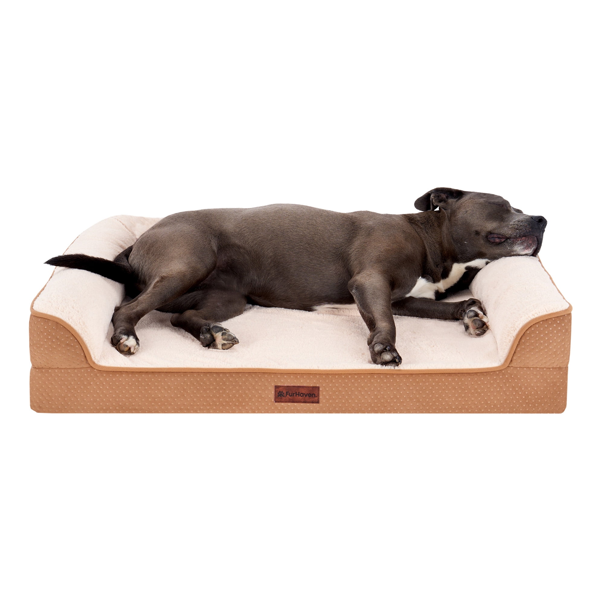 FurHaven Large (36"x27") Cooling Gel Dog Bed – Cool Gel Memory Foam Sofa Pet Bed, Embossed Velvet, Removable Washable Cover, Cognac