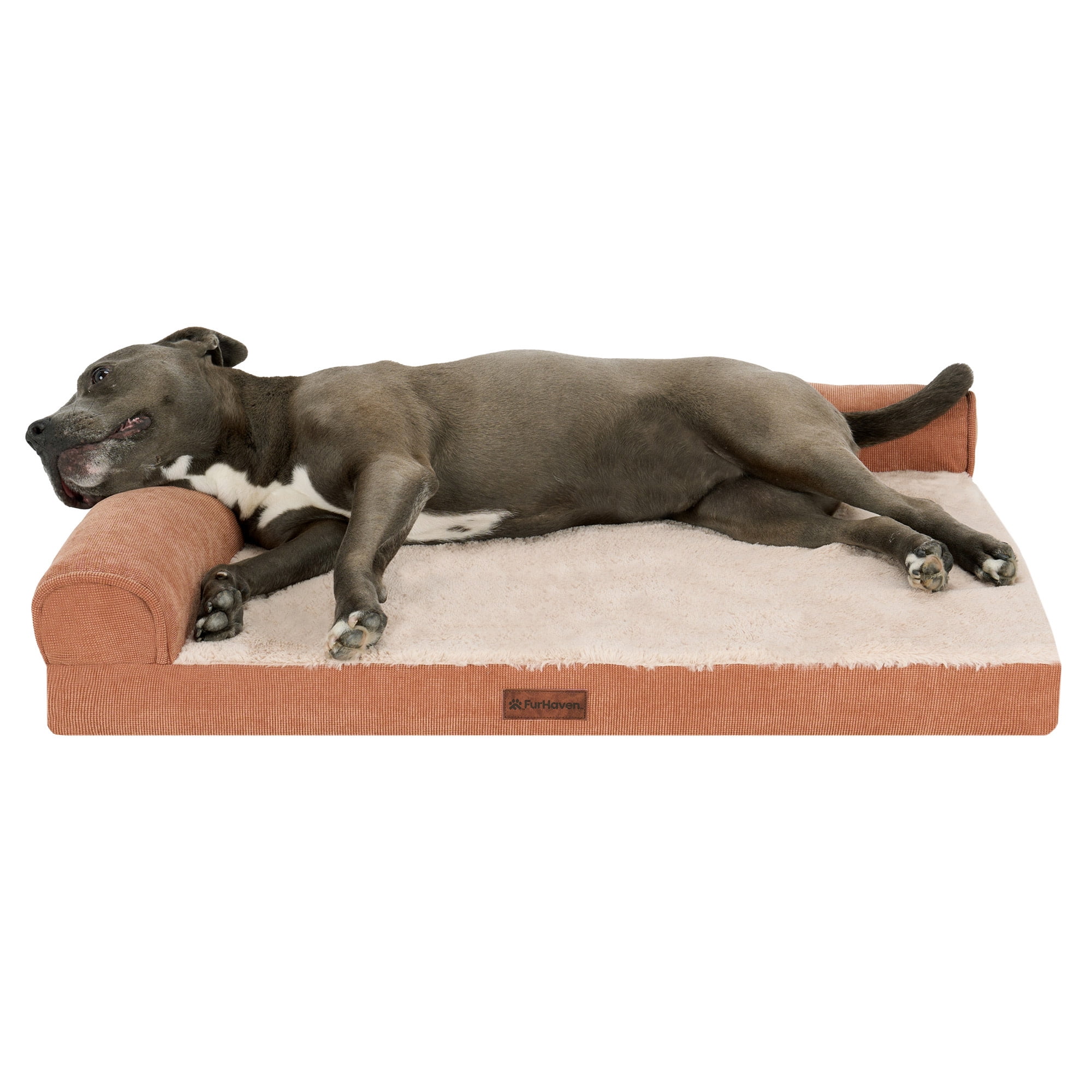 FurHaven Large (36"x27") Cooling Gel Dog Bed – Plush & Grid Cord L-Shaped Chaise Lounge Pet Bed, Removable Washable Cover, Copper