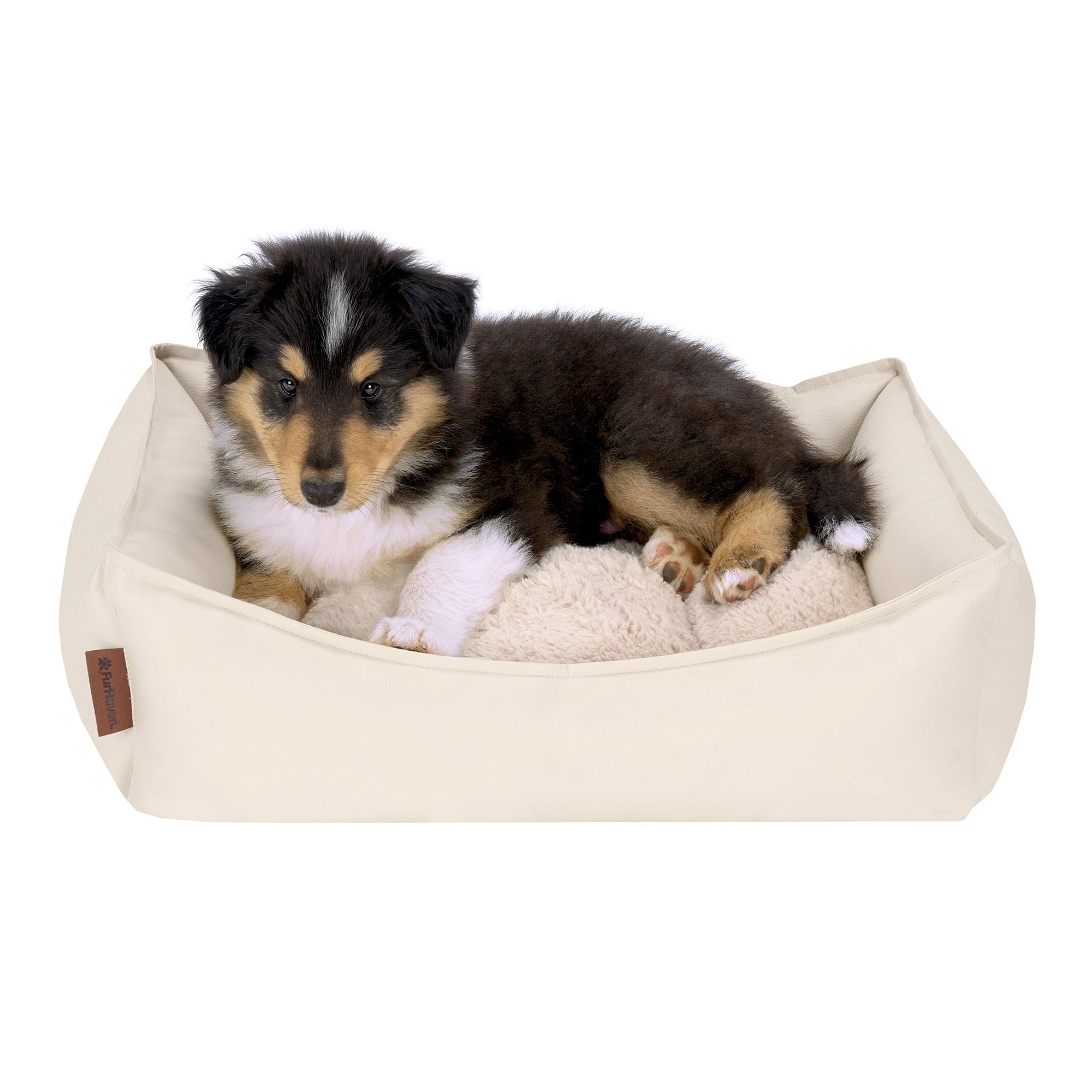 FurHaven Leather Look Cozy Couch Pet Bed for Dogs and Cats - Bone, Small