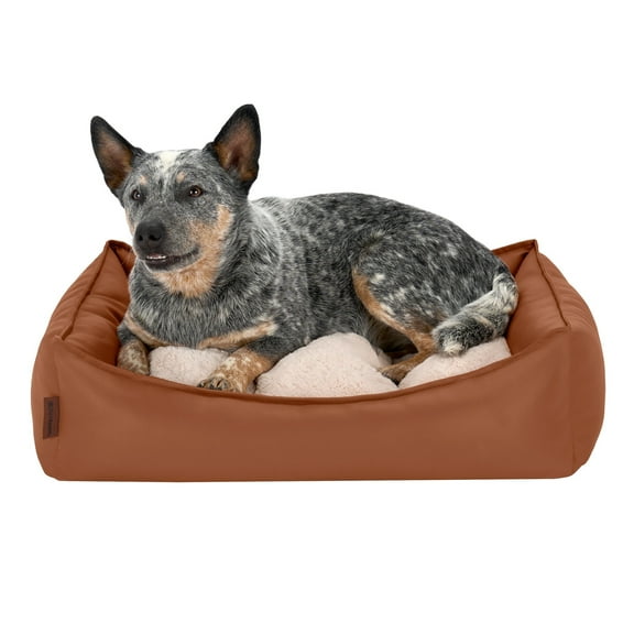 FurHaven Leather Look Cozy Couch Pet Bed for Dogs and Cats - Camel, Medium