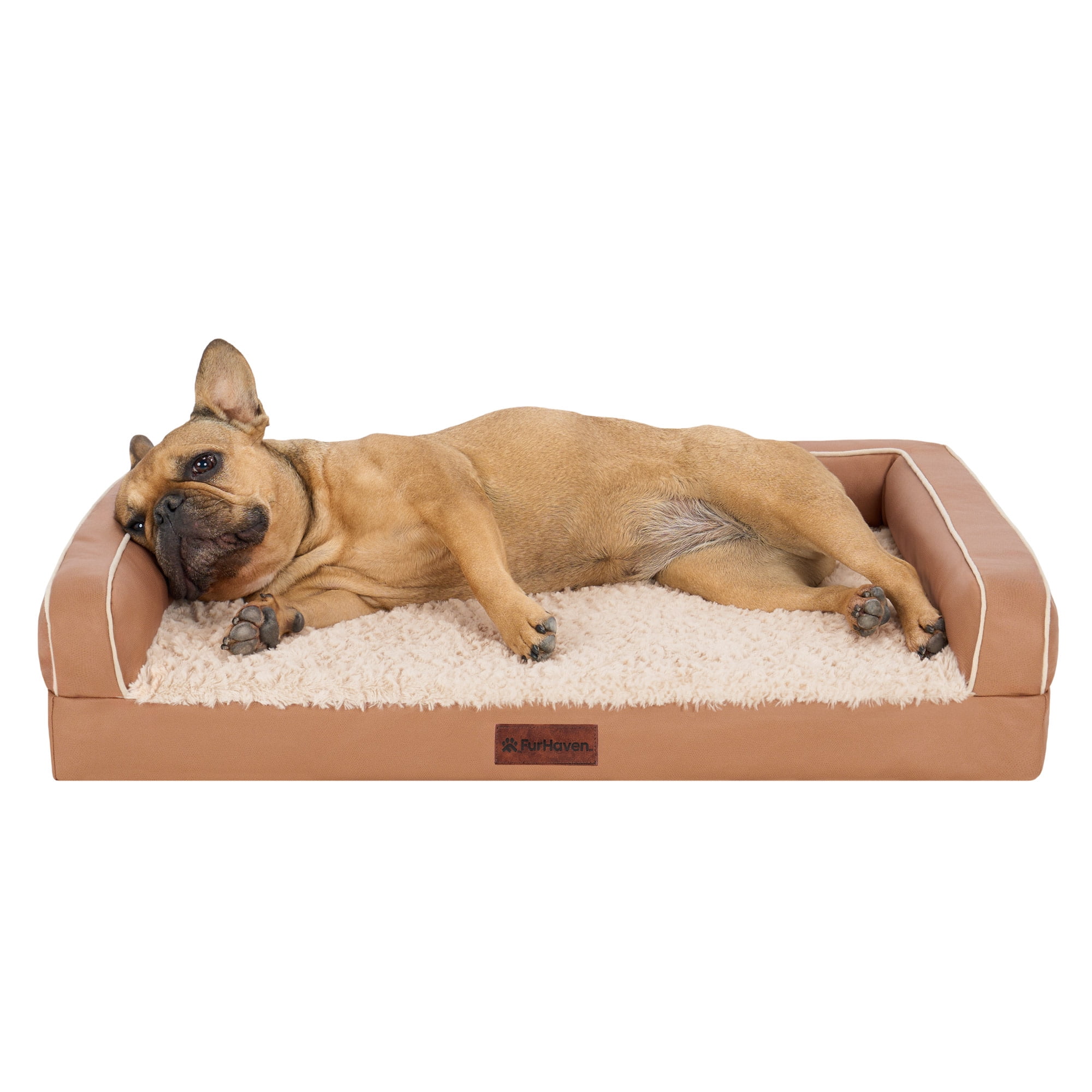 FurHaven Medium (20"x30") Orthopedic Dog Bed – Textured Plush & Coated Poly Modern Sofa Pet Bed, CertiPUR-US Foam, Removable Washable Cover, Camel