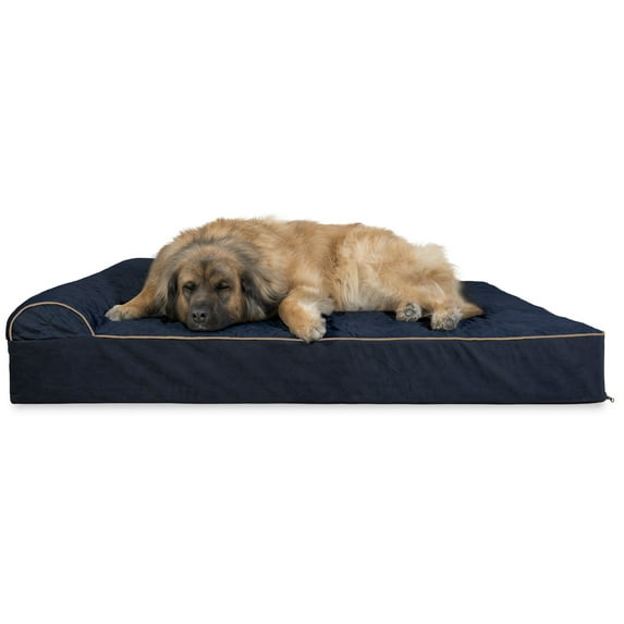FurHaven | Orthopedic Goliath Quilted Faux Fur & Velvet Chaise Lounge Pet Bed for Dogs & Cats, Dark Blue, 4XL