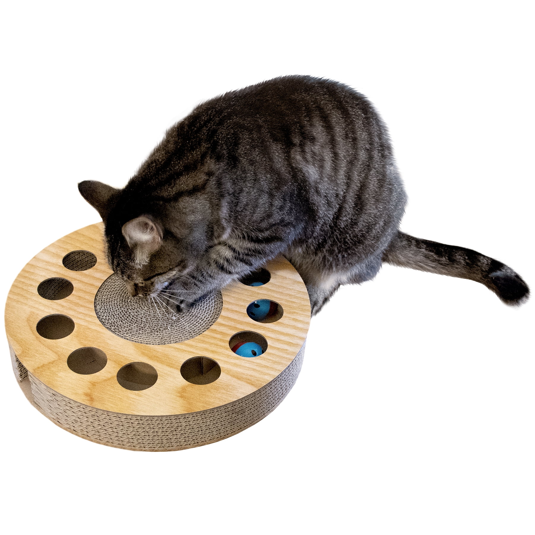 Round Tan Cardboard Cat Scratcher with Toy Balls