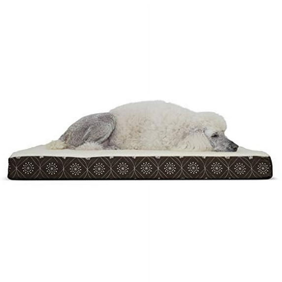 FurHaven Pet Dog Bed | Deluxe Orthopedic Faux Sheepskin & Flannel Paw Decor Print Mattress Pet Bed for Dogs & Cats, Dark Espresso, Jumbo