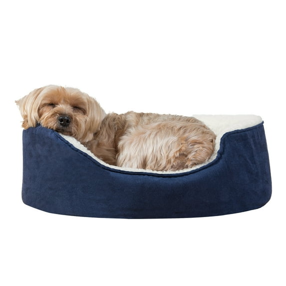 FurHaven Pet Dog Bed | Orthopedic Faux Sheepskin & Suede Oval Lounger Pet Bed for Dogs & Cats, Navy, Small