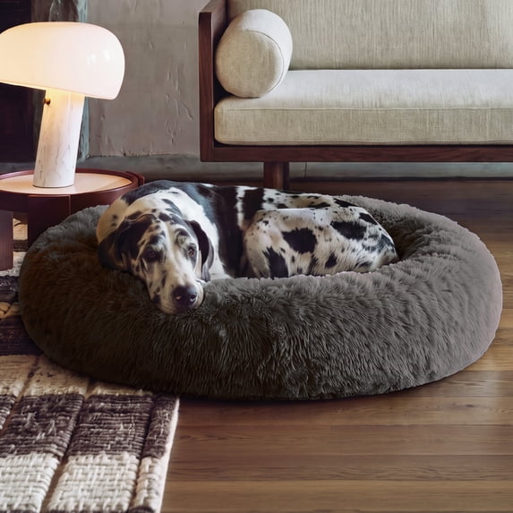 FurHaven 45" Calming Donut Dog Bed for Large Dogs, Round Plush Donut Design with Soft Filling for Snuggling Comfort, Removable Washable Cover, Jumbo XL, Shaggy Faux Fur, Gray