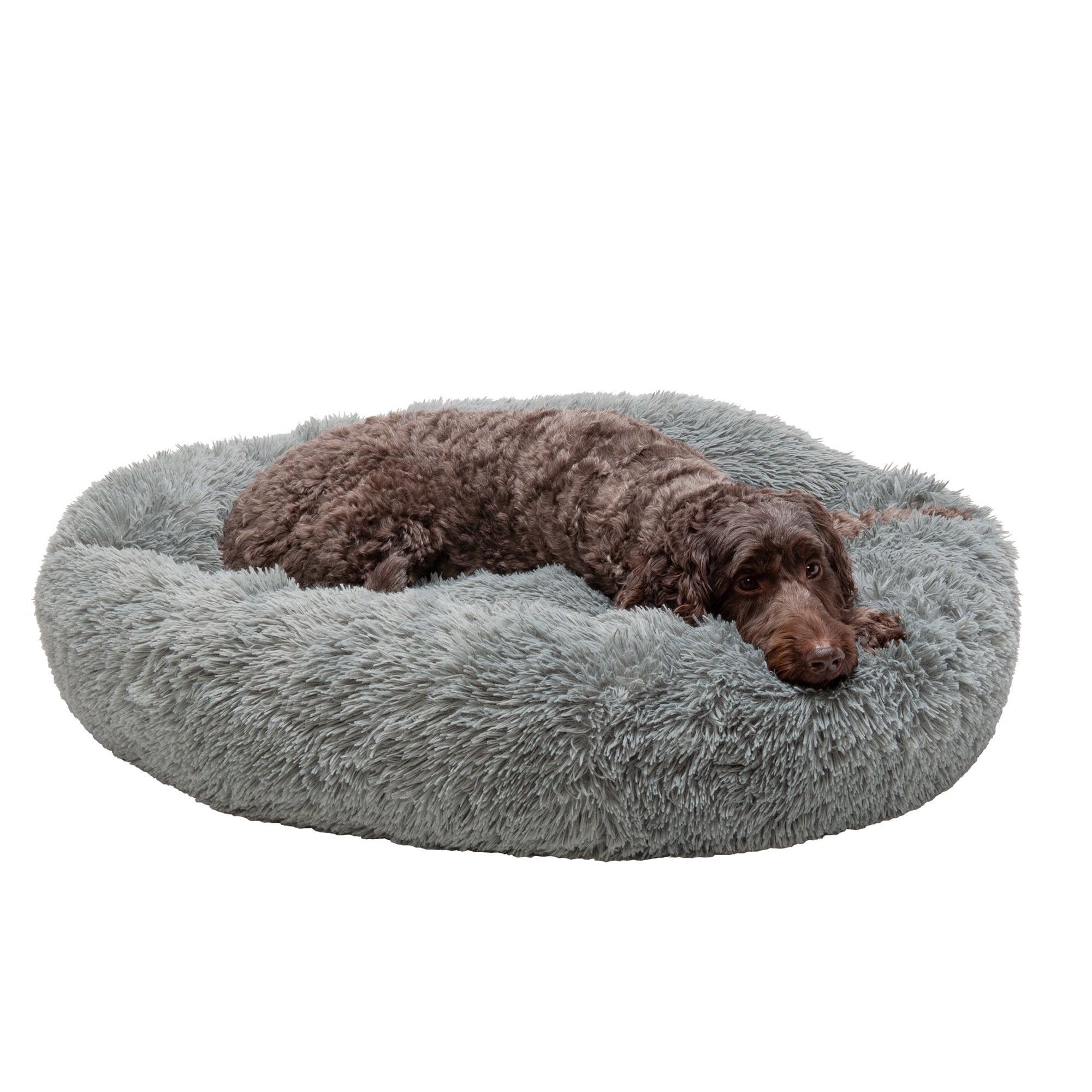 Large Gray Faux Fur Orthopedic Donut Dog Bed