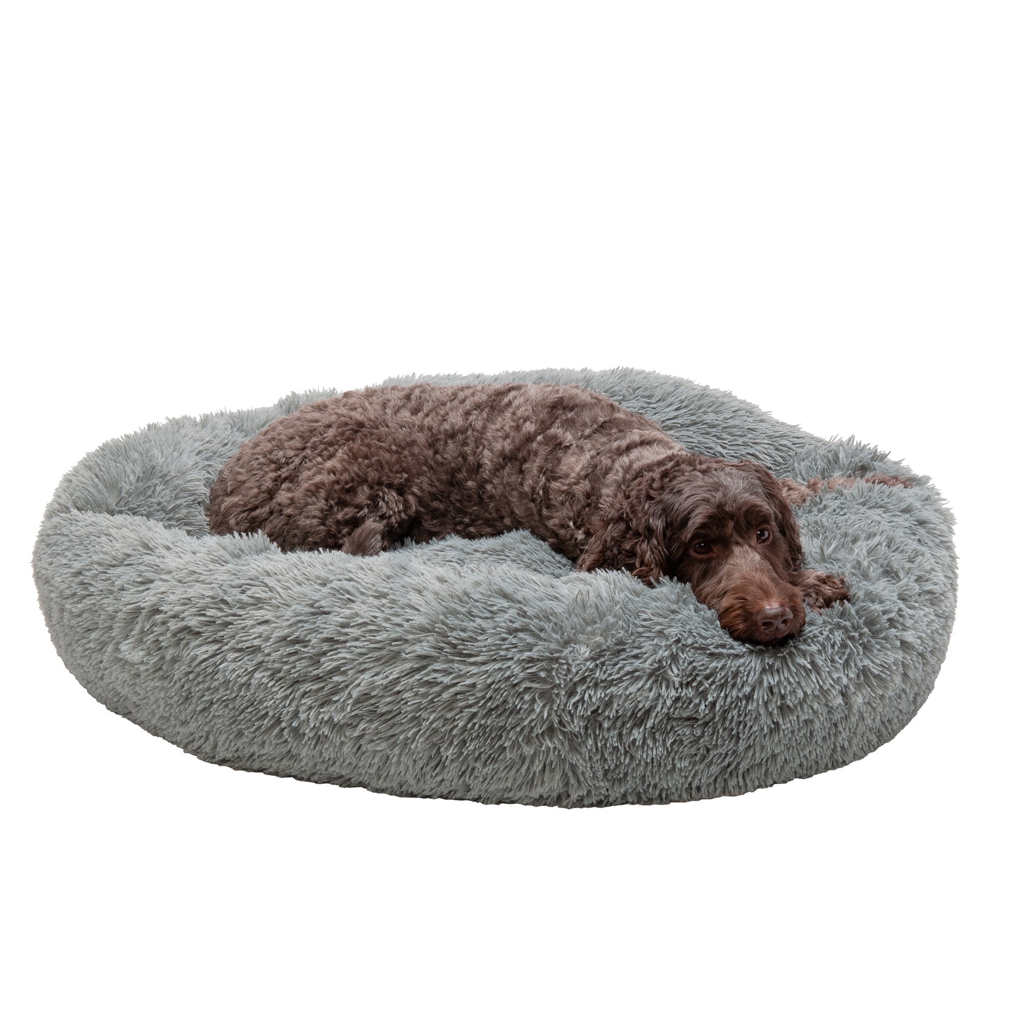 Large Gray Faux Fur Orthopedic Donut Dog Bed