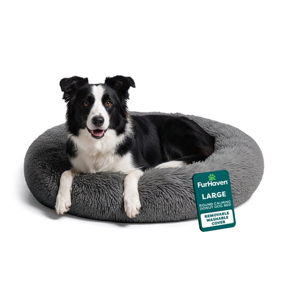 Furhaven 36" Round Calming Donut Dog Bed with Washable & Removable Cover & Bolster - Shaggy Plush Long Faux Fur Ball Bed - Gray, For Dogs Up to 75 lbs, Large