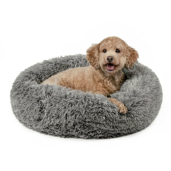 Furhaven 30" Round Calming Donut Dog Bed with Washable & Removable Cover & Bolster - Shaggy Plush Long Faux Fur Ball Bed - Gray, For Dogs Up to 45 lbs, Medium
