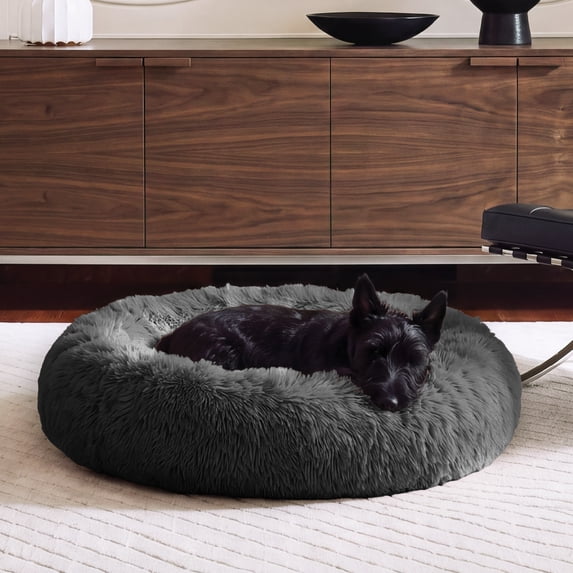 Furhaven 23" Round Calming Donut Dog Bed with Washable & Removable Cover & Bolster - Shaggy Plush Long Faux Fur Ball Bed - Gray, For Dogs Up to 20 lbs, Small