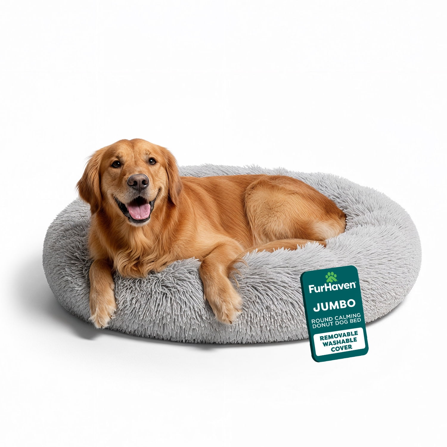 FurHaven 45" Calming Donut Dog Bed for Large Dogs, Round Plush Donut with Soft Filling for Snuggling Comfort, Removable Washable Cover, Jumbo XL, Shaggy Faux Fur, Mist Gray